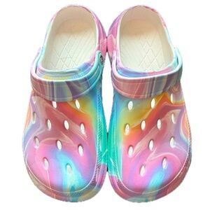 Women’s Croc Inspired Pink Holographic Print Clogs size 41/42 (9/10)- NWOT!